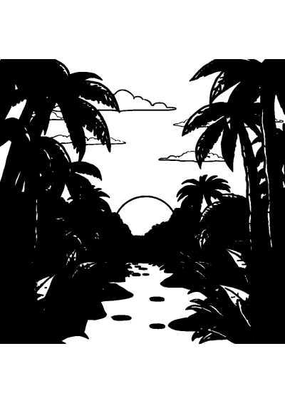 Tropical Jungle At Sunset Coloring Page