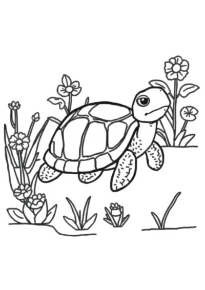 Turtle Swimming In Garden Coloring Page
