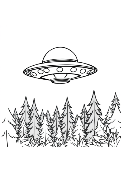 Ufo Flying Saucer In Forest Coloring Page