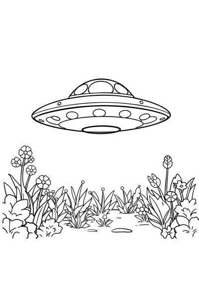 Ufo Flying Saucer In Garden Coloring Page