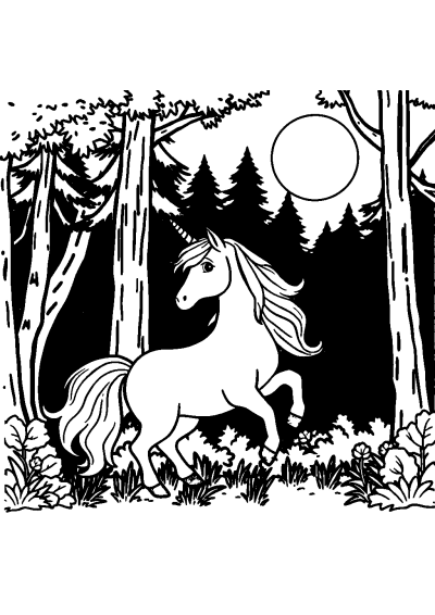 Unicorn With Rainbow Mane In Forest Coloring Page