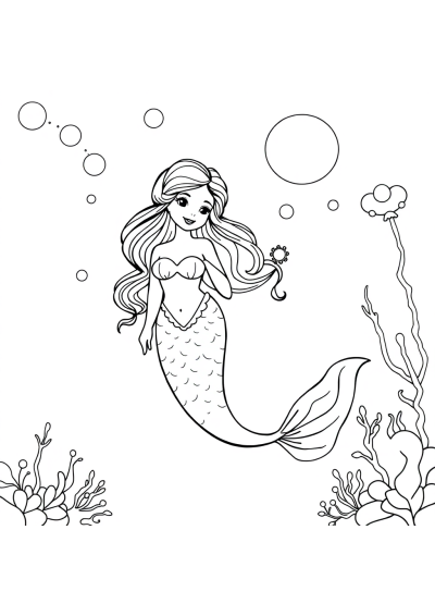 Vintage Mermaid Underwater Coloring Page