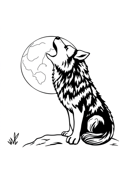 Vintage Wolf Howling At Moon Coloring Page