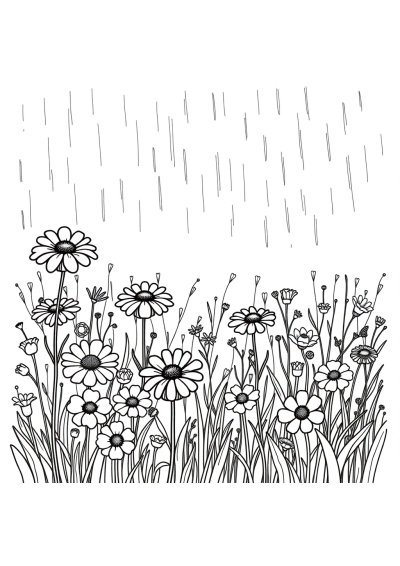 Wildflower Field In Rain Coloring Page