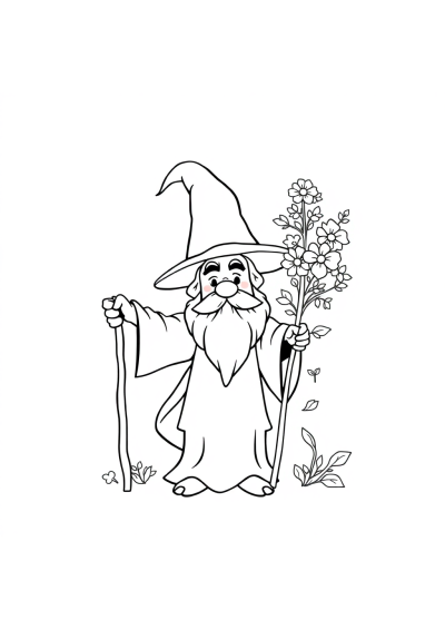 Wizard With Staff With Flowers Coloring Page