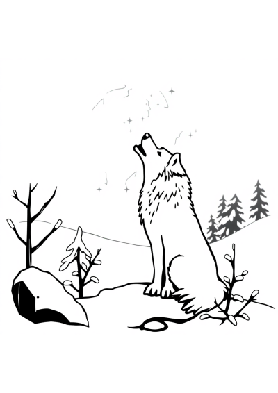 Wolf Howling At Moon In Winter Coloring Page