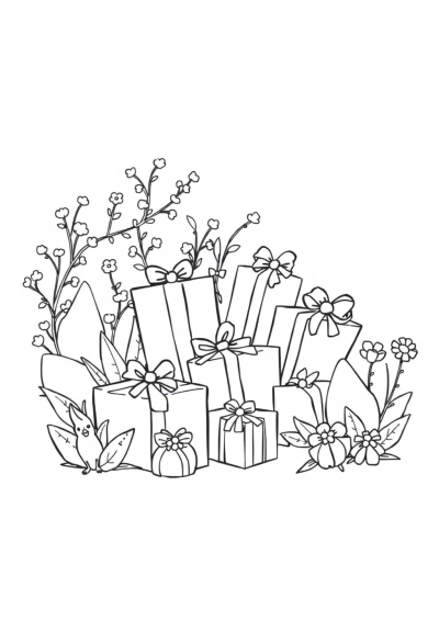 Detailed Wrapped Presents In Garden Coloring Page