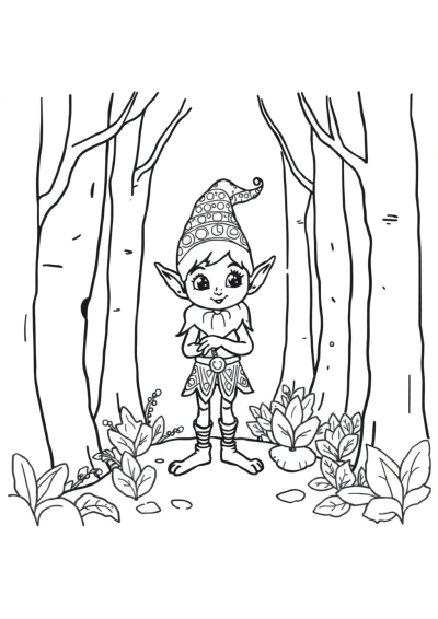 Zentangle Style Elf In Forest Coloring Page