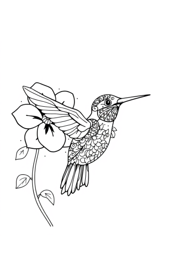 Zentangle Style Hummingbird Near Flower Coloring Page