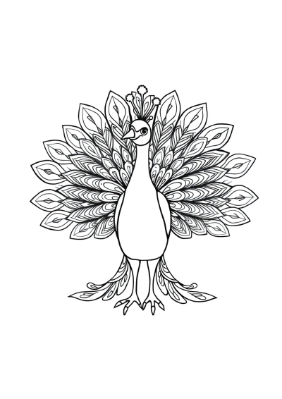 Zentangle Style Peacock With Feathers Spread Coloring Page