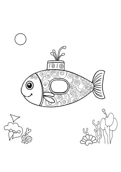 Zentangle Style Submarine Underwater Coloring Page