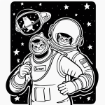 Cartoon-style astronaut cat in a helmet, outlined in bold black lines, on a plain white background, designed as a vector clipart coloring page for kids.
