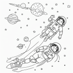 Simple line art of an astronaut child floating with a rocket ship among planets and stars, designed for a coloring book style with black and white outlines.