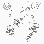Line art of an astronaut child floating with a rocket ship, surrounded by planets and stars, in a black and white coloring book style.