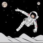Cartoon astronaut waving on the moon, bold black outlines, vector clipart style, child-friendly design, ready for coloring with no shading or gray.