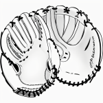 Simple cartoon drawing of a baseball glove and bat, featuring bold outlines and no shading, ideal for coloring enthusiasts.