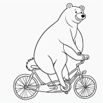 A simple cartoon drawing in black and white line art featuring a bear riding a bicycle, ideal for coloring enthusiasts with bold outlines and no shading.