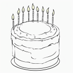 Simple cartoon drawing of a birthday cake with candles in coloring page style, featuring bold outlines and no shading for kids' creative coloring fun.