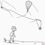 A simple cartoon drawing of a boy flying a kite, designed as a black and white line art coloring page with bold outlines, ideal for children's creativity.