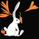 A cartoon bunny holding a carrot with bold black outlines, designed as a coloring page for children, featuring a vector clipart style on a plain white background.