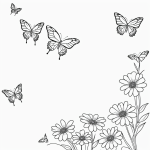 Simple line art of butterflies flying over flowers, ideal for coloring books with black and white outlines, no shading, and perfect for creativity.