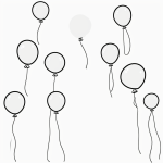 Black and white cartoon drawing of floating balloons in coloring page style with bold outlines, perfect for kids' creative activities.