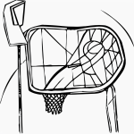 Simple cartoon drawing of a basketball hoop in black and white line art with bold outlines, ideal for a children's coloring page.