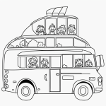 Simple cartoon drawing of a bus filled with happy kids, designed as a coloring page with black and white line art and bold outlines for children.