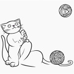 Simple cartoon drawing of a cat playing with a ball of yarn, featuring black and white line art with thick, bold outlines, perfect for a coloring page.