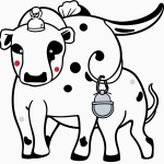 A cartoon cow with a bell in vector clipart style, featuring bold black outlines and a plain white background, perfect for a child-friendly coloring book page.