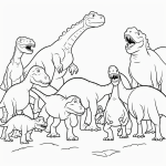 A group of cartoon dinosaurs walking together, designed for a coloring book page with bold outlines and no background.