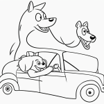 A simple cartoon drawing of a dog driving a car, designed as a coloring page with bold outlines and no shading.