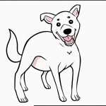 Simple cartoon drawing of a dog with floppy ears holding a bone, perfect for a coloring page with bold outlines and no shading.