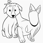A simple cartoon drawing of a dog with floppy ears holding a bone, designed in a coloring page style with bold outlines and no shading.
