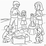 A simple cartoon drawing depicting kids joyfully building a sandcastle on the beach, featuring bold outlines and no shading, perfect for a coloring page.