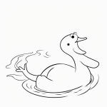 Simple cartoon drawing of a duck swimming, black and white line art with bold outlines, perfect for coloring.