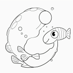 A simple cartoon drawing of a fish blowing bubbles, designed as a coloring page with bold outlines and no shading, perfect for children's creative activities.