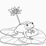 A simple cartoon drawing of a frog sitting on a lily pad in black and white line art style with bold outlines, perfect for a coloring page.