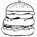 Simple cartoon drawing of a hamburger with bold outlines in black and white, perfect for a kids' coloring page.