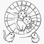A simple cartoon drawing of a hamster running in a wheel, designed as a coloring page with bold outlines and no shading, suitable for kids and adults.