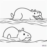A simple cartoon drawing of a hippo in water with bold outlines, perfect for a coloring page, featuring black and white line art with no shading.