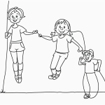 Simple cartoon drawing of kids jumping rope, designed as a black and white line art coloring page with bold outlines, perfect for children.