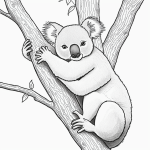A simple cartoon drawing of a koala hugging a tree, featuring black and white line art with bold outlines, perfect for coloring enthusiasts.