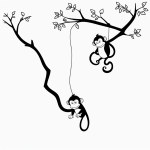 Black and white line art of a cartoon monkey joyfully swinging from a tree branch, featuring bold outlines and a coloring page style.