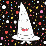 A simple cartoon drawing of a party hat with confetti, designed in black and white line art style with bold outlines and no shading.
