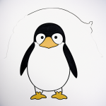 Simple cartoon drawing of a penguin with a bow tie, designed as a coloring page in black and white line art with bold outlines and no shading.