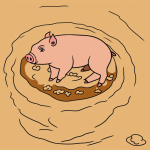Vector clipart of a cartoon pig in a mud puddle with bold black outlines on a plain white background, perfect for a child-friendly coloring book page.