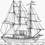 Cartoon-style pirate ship with big sails on a coloring book page, featuring bold outlines and no shading, ideal for young artists.
