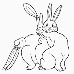 A simple cartoon drawing of a rabbit holding a carrot, styled as a coloring page with bold black and white line art and no shading, perfect for coloring fun.