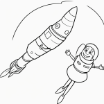 Simple cartoon drawing of a smiling rocket astronaut waving, ideal for a kids coloring book page with thick bold outlines and no shading.